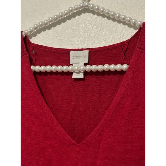 Chicos Size 1 US Medium Red Tunic Sweater Stretch Short Sleeve Silk V-Neck Top - Picture 9 of 16